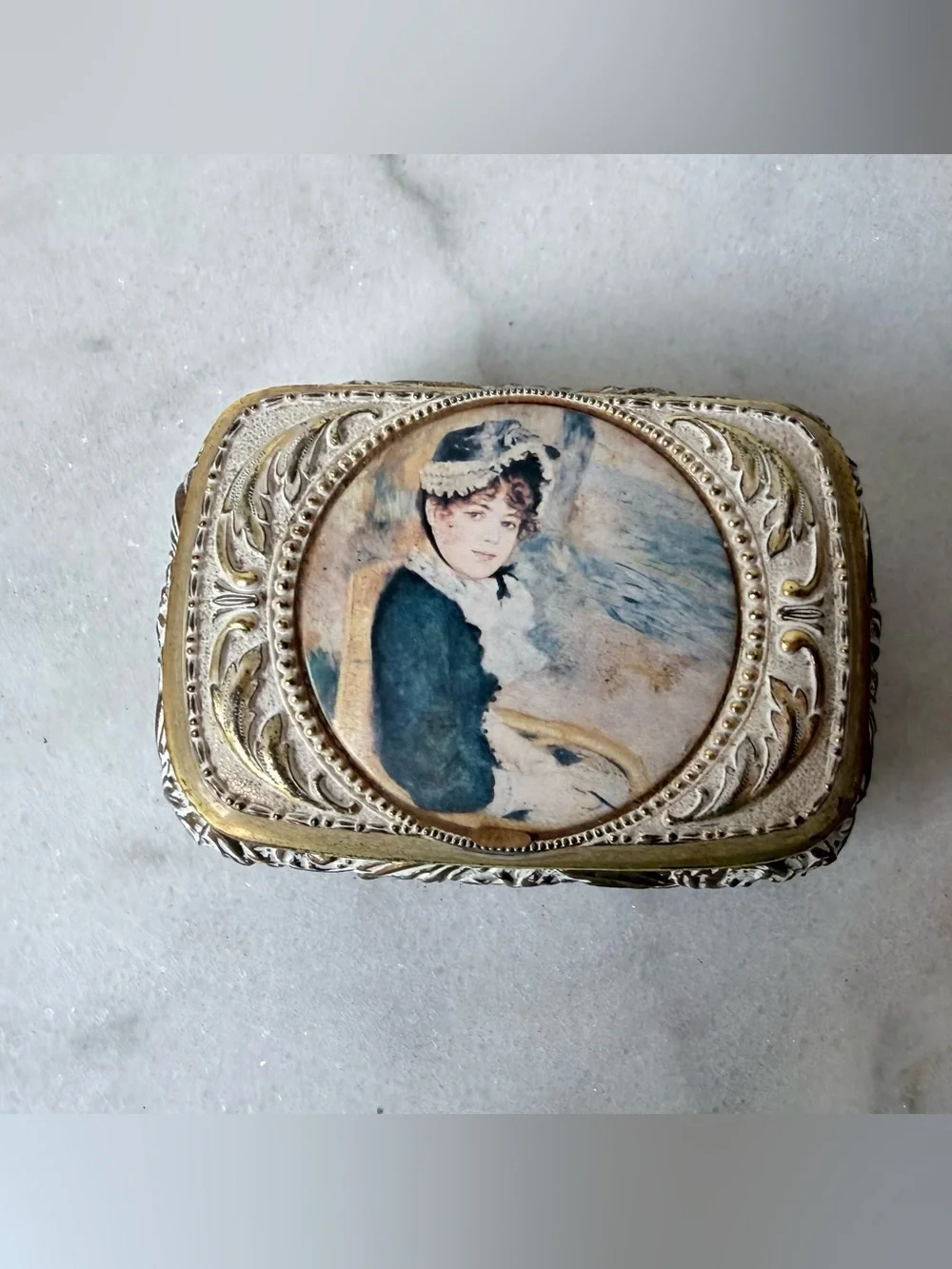 vintage jewelry box is a Victorian Girl Trinket Box a gold metal frame